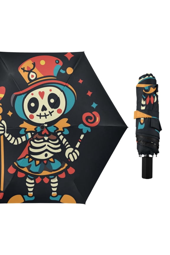 Cute Clown Skeleton Mardi-gras Halloween All Weather Umbrella Triple Folding Parasol 6 Ribs UV Protection Portable