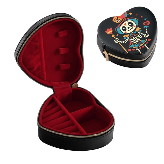 Cute Clown Skeleton Mardi-gras Halloween PU Leather Heart-shaped Jewelry Box Jewel Cases with Zipper Storage Organizers Black