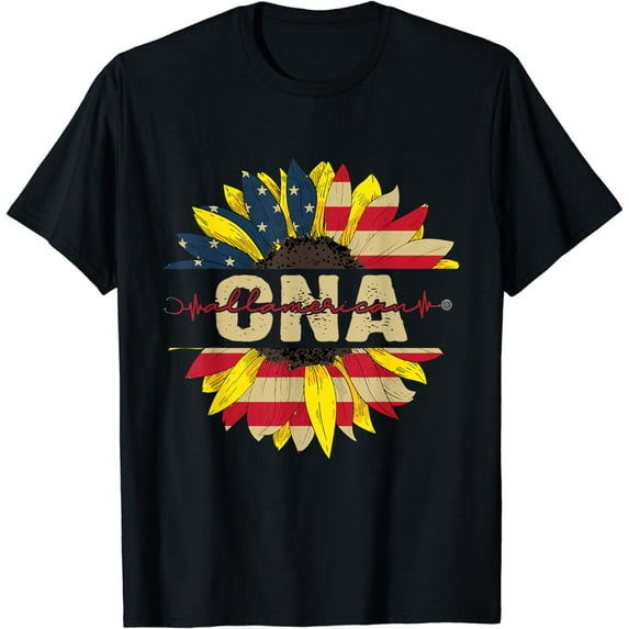 Cute Cna Life Nurse 4th of July American Flag Sunflower T-Shirt
