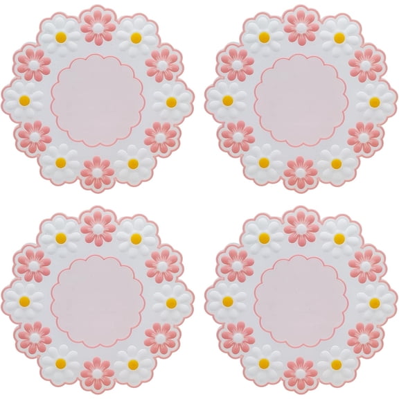 Cute Coaster for Coffee Drinks, Set of 4 Non-Slip PVC Silicone Coasters for Tabletop Protection, Daisy Flower Pattern Heat Insulation Placemat (4 Pink)