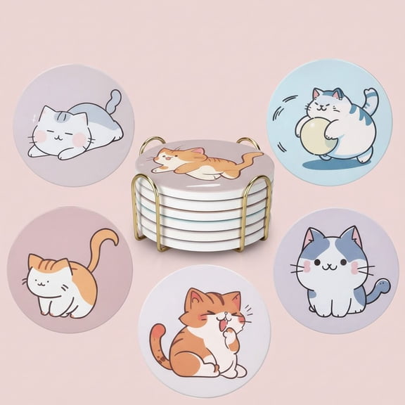 Cute Coaster Set of 6 Cat Lover Gift for Coffee Table Ceramic Coasters with Holder Drink Coaster Unique Cat Themed Gifts Kawaii Anime Decor Office Desk Beverage Coster Funny Cool Bar Cup Coasters