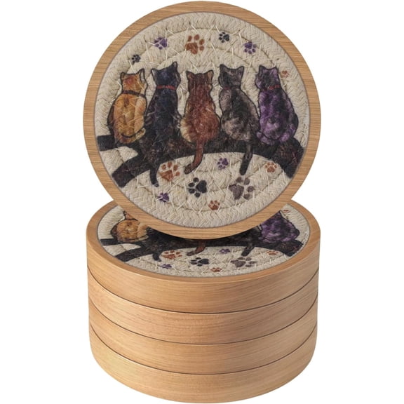 Cute Coasters Absorbent, Cat Coasters for Drinks, 5 Pcs Wooden Coasters for Coffee Table, Housewarming Gift for Farmhouse Home Decor,4 inches