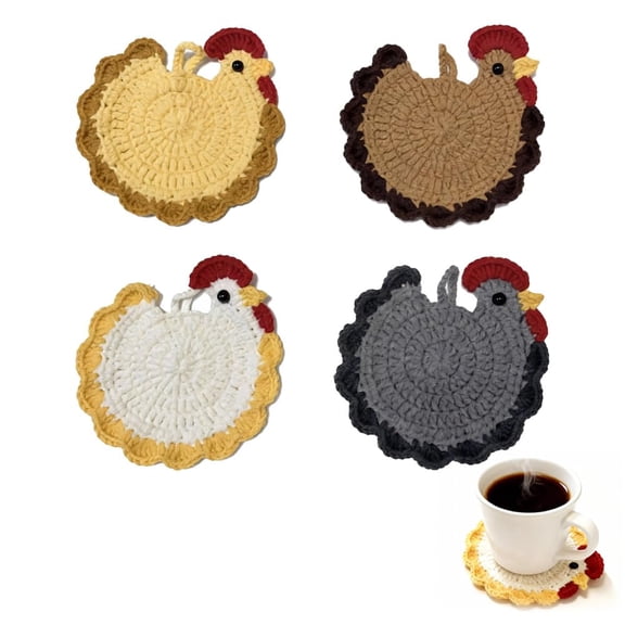 Cute Coasters, Handmade Crochet Chicken Set of 4, Cute Coasters for Desk, Home Decor, Tabletop Protection, Crazy Chicken Lady Must Have