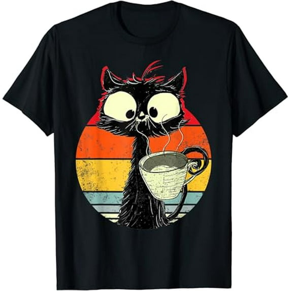 Cute Coffee Cat Funny Vintage Cat Black Cat Retro Cat T-Shirt