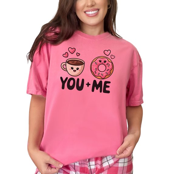 Cute Coffee and Donut Couple T-Shirt, Trendy Matching Tee, Fun You Plus Me Shirt, Adorable Foodie Graphic Tee, Couples Gift Idea, Crunchberry Comfort Colors T-Shirt, Large