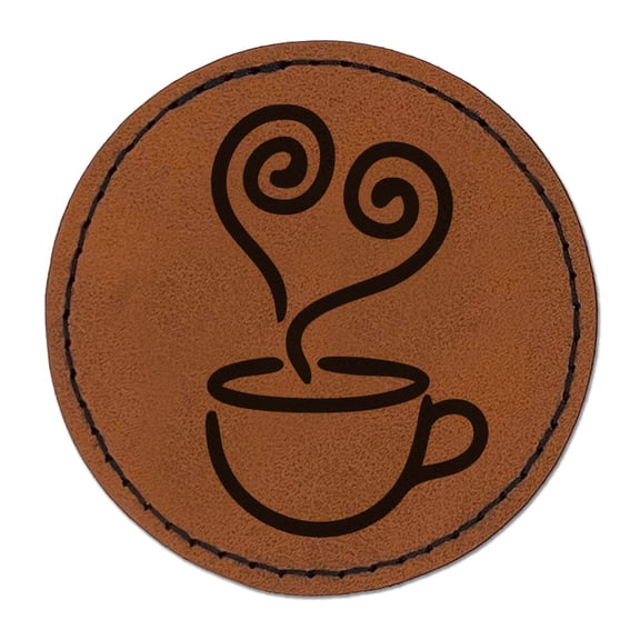 Cute Coffee Heart Mug Cup Round Iron-On Engraved Faux Leather Patch Applique - 2.5 Inch - Brown