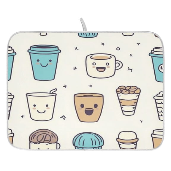 Cute Coffee and Desserts Pattern Dish Drying Mat for Kitchen, Quick Drying Absorbent Soft Durable 16" x 18"