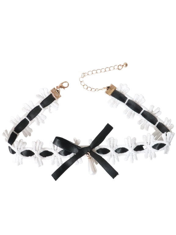 Cute Collar Necklace with Ribbon and Lace Decoration Bowknot Lace Collar Maid Choker Lace Alloy for Cosplayer