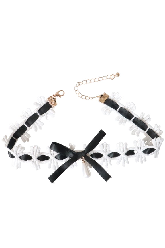 Cute Collar Necklace with Ribbon and Lace Decoration Bowknot Lace Collar Maid Choker Lace Alloy for Cosplayer