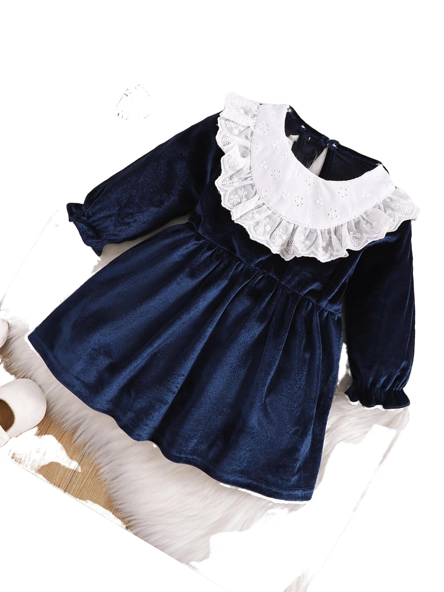 Cute Colorblock Round Neck A Line Long Sleeve Navy Blue Baby Dresses