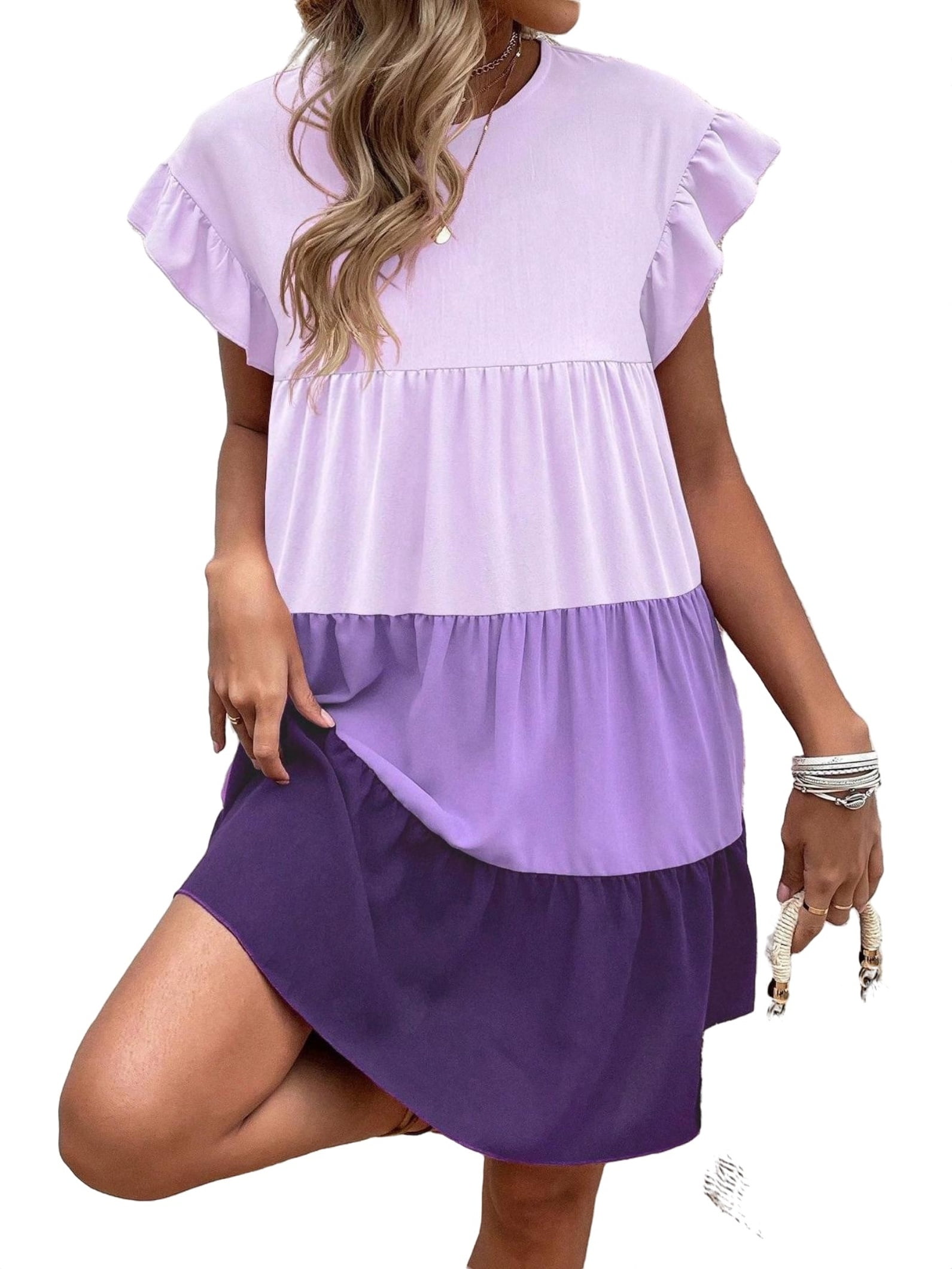 flounce sleeve colorblock smock top