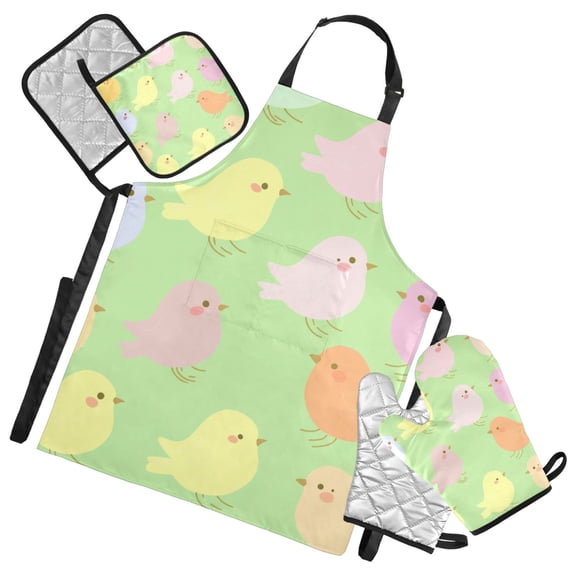 Cute Colorful Birds Oven Mitts and Pot Holders with Chef Apron Set 5 Pcs Kitchen Cooking Set
