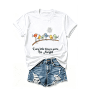 Cute Colorful Birds Sun Graphic T Shirt for Women, Positive Quote Casual Short Sleeve Crewneck Tee