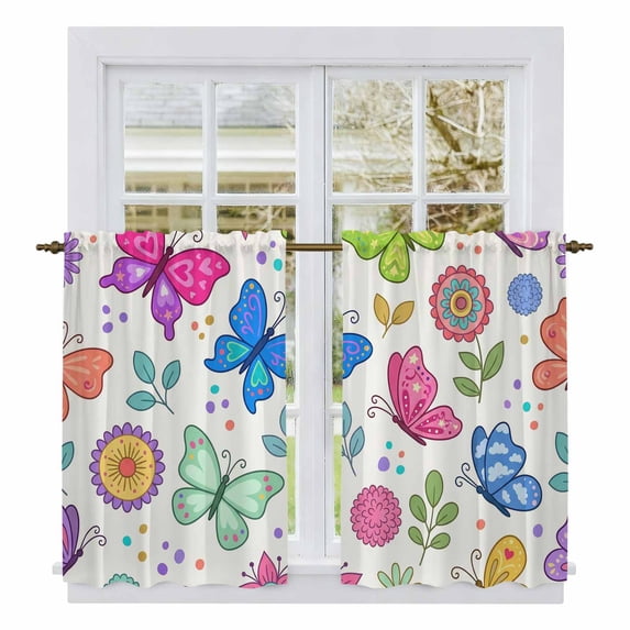 Cute Colorful Butterflies Kitchen Curtain for Berdoom Living Room Cafe 54 Inch Length, Spring Floral Modern Art Tiers Curtains Light Filtering Drapes Rod Pocket Window Treatment 2 Panels 52"Wx54"L