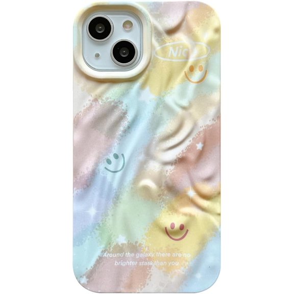 Cute Colorful Cartoon Bear Ice Cream Cat Rabbit Rainbow Smile Face Water Ripple Folds Phone Case Compatible with iPhone Case (Smile,iPhone 15)