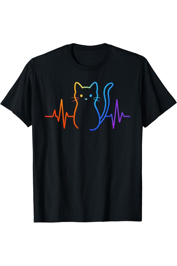 Cute Colorful Cat Heartbeat EKG T-Shirt