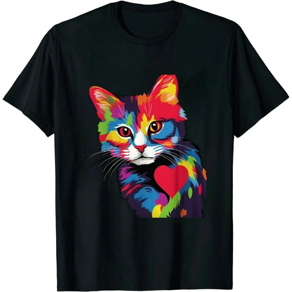 Cute Colorful Cat Hug Heart Art for Lover Cats Kitty Kitten T-shirt