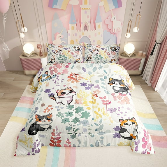 Cute Colorful Cat King Comforter Set,Rainbow Flower Cat Kawaii Bedding Set Pet Lover Gifts,Watercolor Floral Leaf Quilt Bed Set Animal Bed Comforter