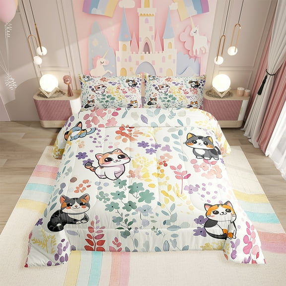 Cute Colorful Cat Twin Comforter Set,Rainbow Flower Cat Kawaii Bedding Set Pet Lover Gifts,Watercolor Floral Leaf Quilt Bed Set Animal Bed Comforter