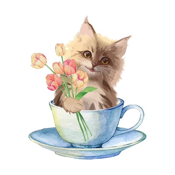 Cute Colorful Cat Wall Sticker with Flowers Teacup Wall Decal Peel and Stick Cat Family Wall Art PVC Wall Decal Decorations to Stick On The WallDIY