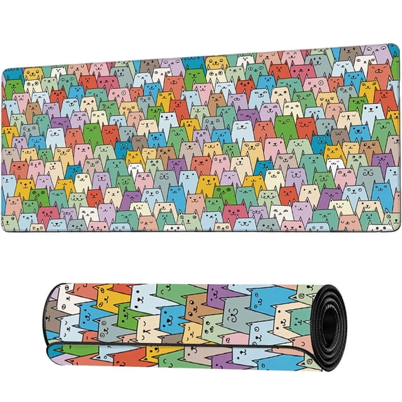 Cute Colorful Cats Extended Gaming Mouse Pad Large Desk Mat with Non-Slip Rubber Base and Stitched Edges,Keyboard Mouse Mat Desk Pad for Work,Game,Office,Home 35.4 * 15.7 Inch