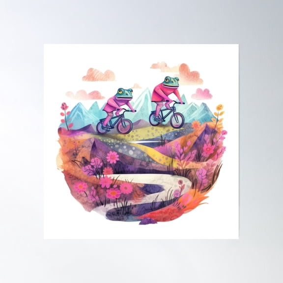 Cute Colorful Croaking Frog Mountain Biker Poster Wall Art, Modern Wall Decor, 16x16 UNFRAMED