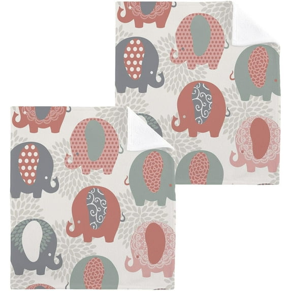 Cute Colorful Elephants Washcloth 12x12in Set, 6 Pack Absorbent Cotton Towel Square Kitchen Dishes Towels, Soft Cleaning Face Hand Towel Fast Drying