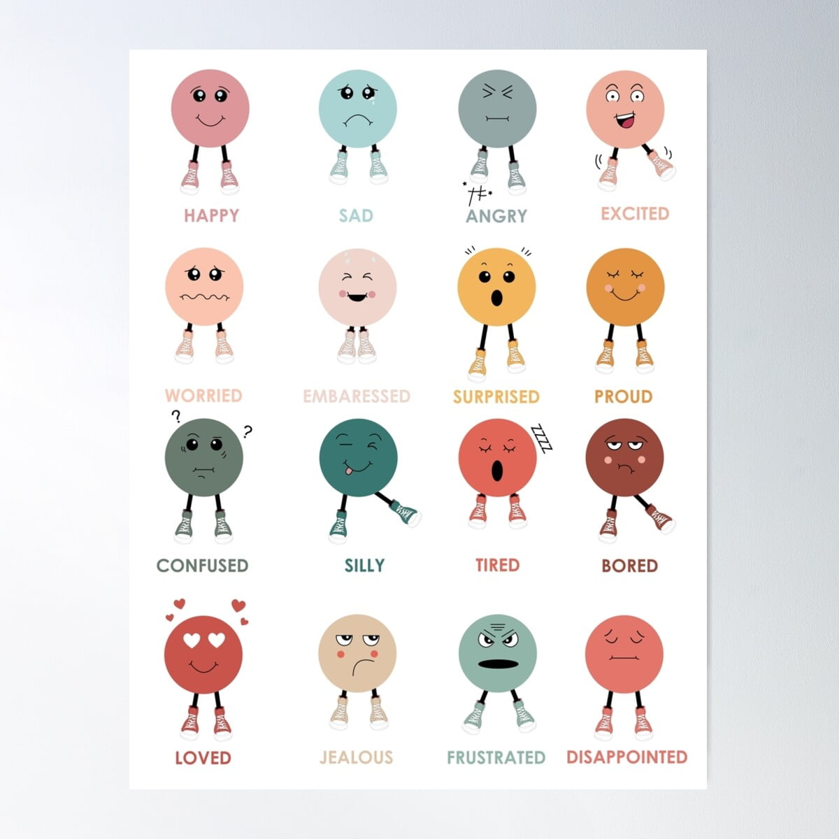 Cute Colorful Feelings Emotions Faces Chart Poster Wall Art, Modern ...