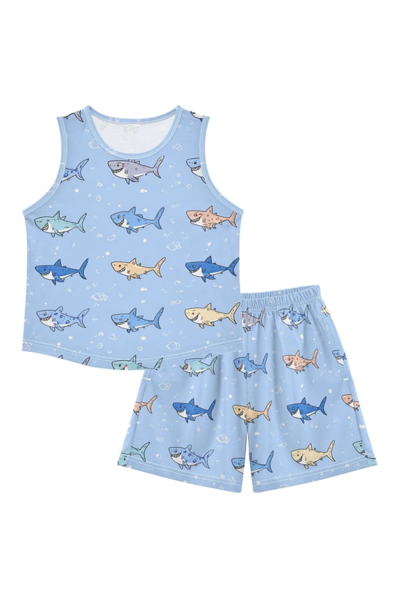 Cute Colorful Happy Sharks Pajamas Set Sleeveless Sleepwear Tank Tops with Shorts Loose Fit Lounge Wear Unisex 9-10Y