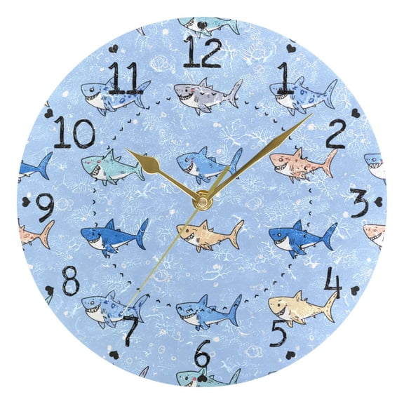 Cute Colorful Happy Sharks Round Wall Clock Silent Analog Battery Operated Gold Pointer Home Decor 9.84" Diameter