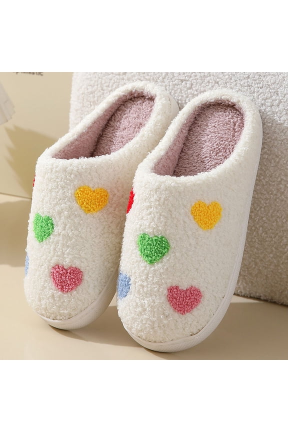 Cute Colorful Heart Fuzzy House Slippers for Women Winter Warm Plush Open Back Slippers Thick Sole Non Slip Indoor Bedroom Shoes