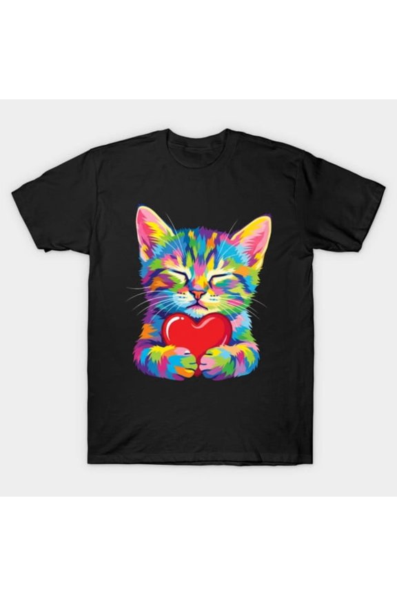 Cute Colorful Kitten Holding Heart Pop Art Love Gift Unisex T-Shirt, for men & women, up to size 5XL