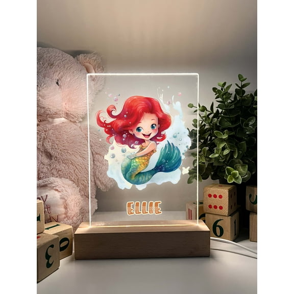 Cute Colorful Little Mermaid Magical Princess Girls Kids Room Decor Custom Name Night Light wood Up WoodLED Personalized One Color Option Great Gift