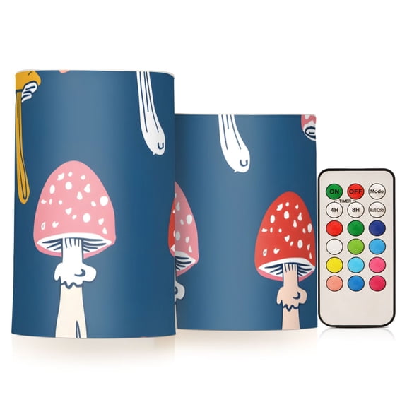 Cute Colorful Mushrooms Flickering Flameless LED Candles set of 2 Battery Operated 18-Key Remotes Timer Halloween Fall Decor D3''xH4''5''