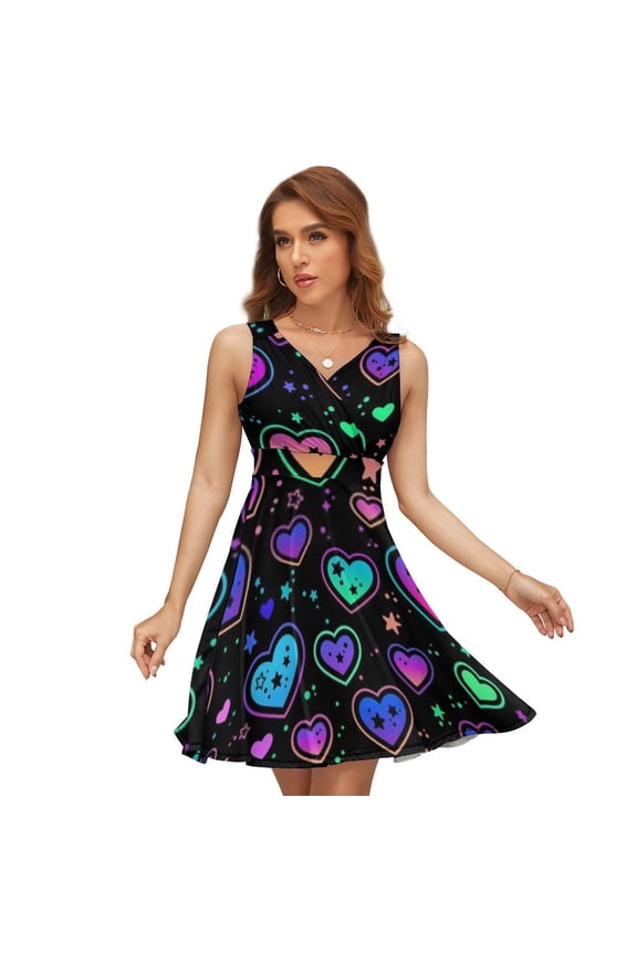 Cute Colorful Pattern with Hearts Sleeveless Dress Women Summer Evening Dresses Ladies Sundress