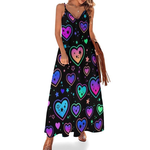 Cute Colorful Pattern with Hearts Sleeveless Dress Women's Evening Dress Womans Clothing