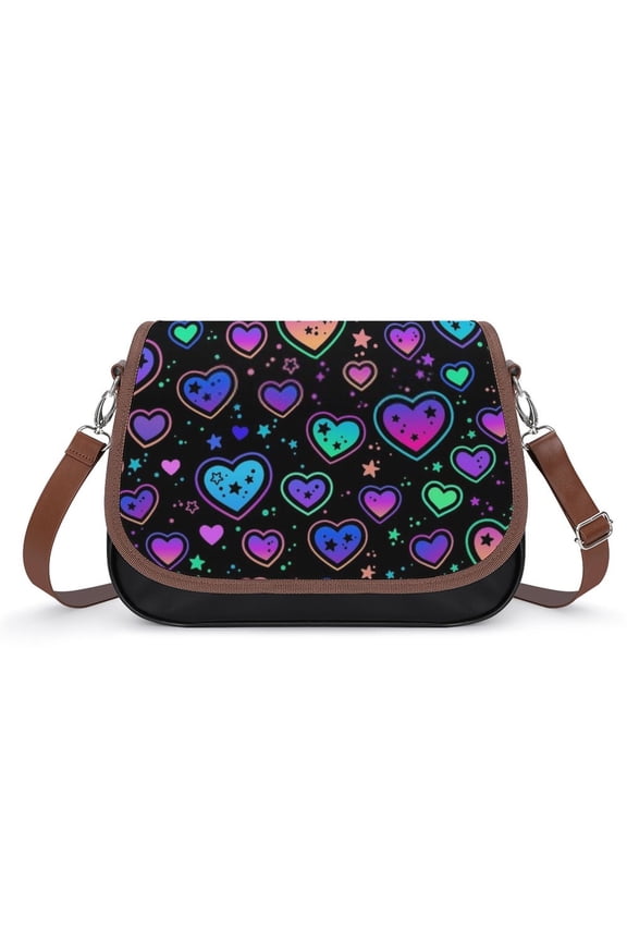 Cute Colorful Pattern with Hearts Vintage Crossbody Bag for Women Medium Leather Hobo Bags Shoulder Bag Classic City Leather Satchels