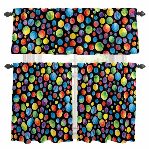 Cute Colorful Point Kitchen Curtains Valances and Tiers Set of 3 Vintage Watercolor Blue Red Green Polka Dots Black Tier Curtains and Valance with Rod Pocket for Small Windows, 27.5"x24"