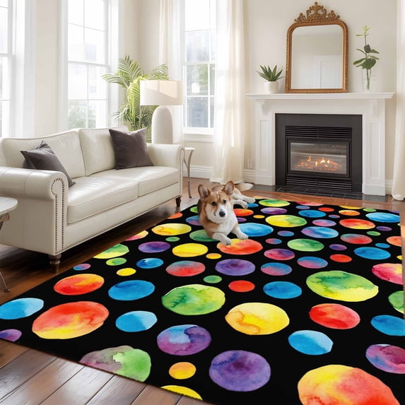 Cute Colorful Point Large Area Rugs 8x10 ft Vintage Watercolor Blue Red Green Polka Dots Black Washable Rug Non Slip Indoor Carpet Absorbent Floor Mat for Living Room Bedroom Dining Room
