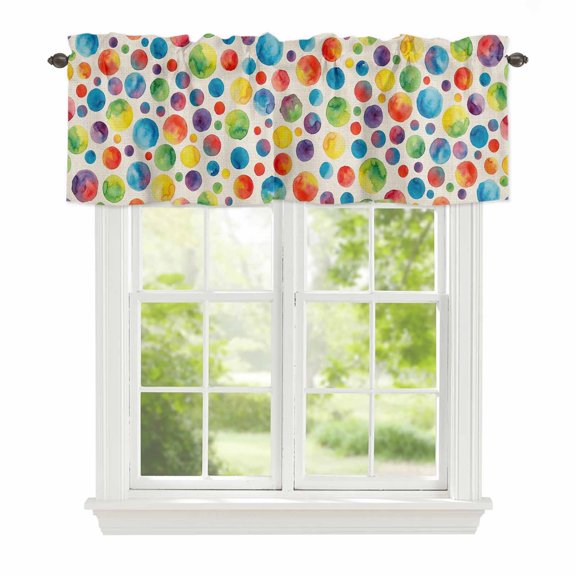 Cute Colorful Point Window Valance for Kitchen, Vintage Watercolor Blue Red Green Polka Dots Rod Pocket Short Curtain for Small Windows, Light Filtering Decorative Valance, 42 x 12 Inch, 1 Panel