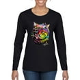 thumbnail image 1 of Cute Colorful Rainbow Cat Animal Lover Womens Graphic Long Sleeve T-Shirt, Black, Small, 1 of 3