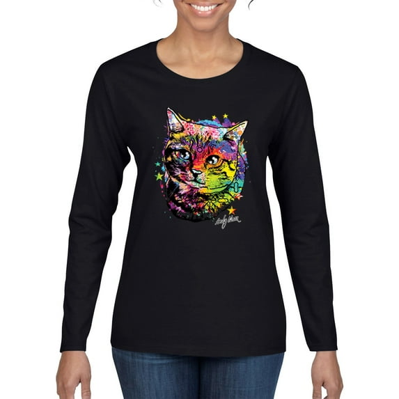 Cute Colorful Rainbow Cat Animal Lover Womens Graphic Long Sleeve T-Shirt, Black, Small