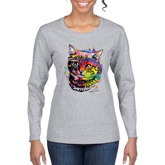 Cute Colorful Rainbow Cat Animal Lover Womens Graphic Long Sleeve T-Shirt, Heather Grey, Large