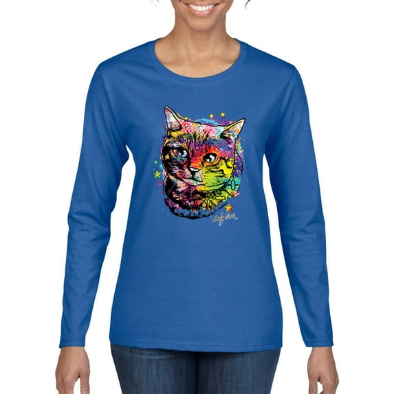 Cute Colorful Rainbow Cat Animal Lover Womens Graphic Long Sleeve T-Shirt, Royal, 2XL
