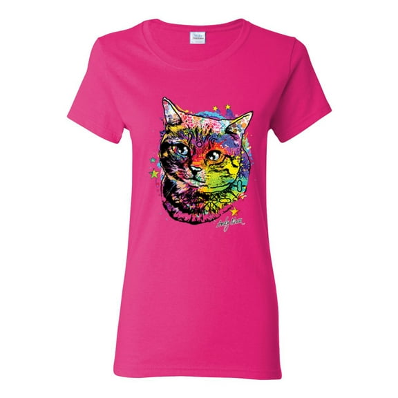 Cute Colorful Rainbow Cat Animal Lover Womens Graphic T-Shirt, Fuschia, 2XL