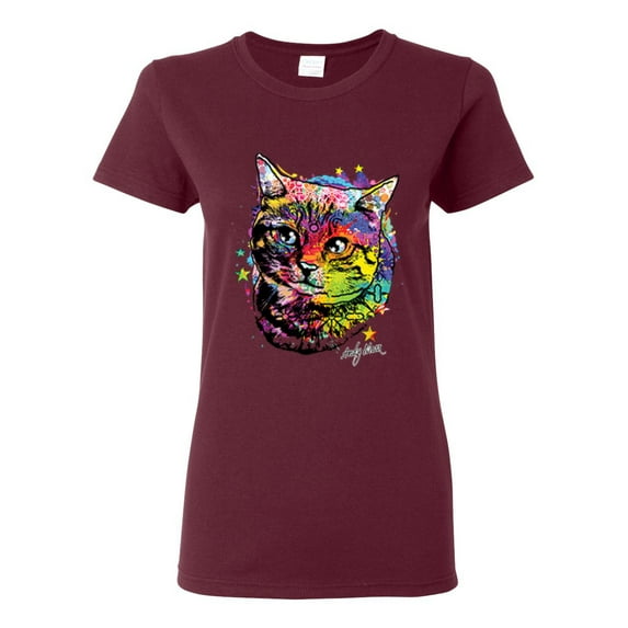 Cute Colorful Rainbow Cat Animal Lover Womens Graphic T-Shirt, Maroon, 2XL
