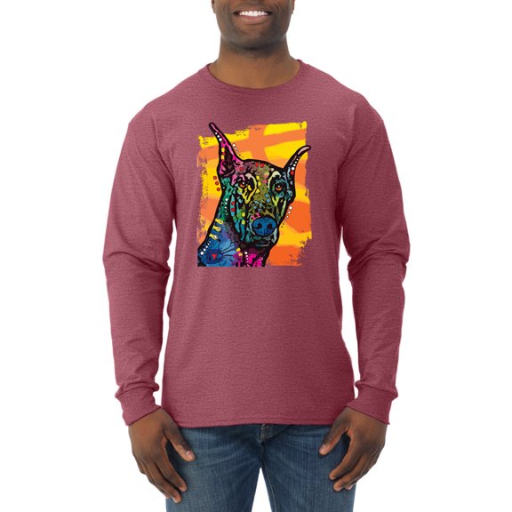 Cute Colorful Rainbow Doberman Dog Dog Lover Mens Long Sleeve Shirt, Vintage Heather Red, X-Large