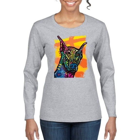 Cute Colorful Rainbow Doberman Dog Dog Lover Womens Graphic Long Sleeve T-Shirt, Heather Grey, Medium