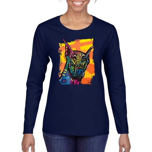 Cute Colorful Rainbow Doberman Dog Dog Lover Womens Graphic Long Sleeve T-Shirt, Navy, Large