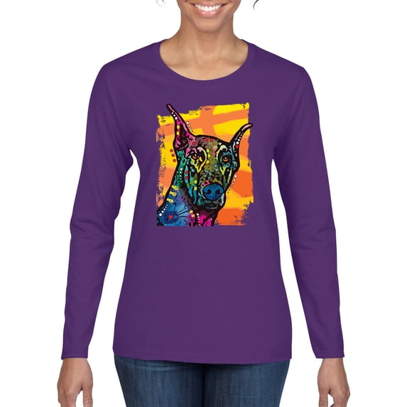 Cute Colorful Rainbow Doberman Dog Dog Lover Womens Graphic Long Sleeve T-Shirt, Purple, Medium